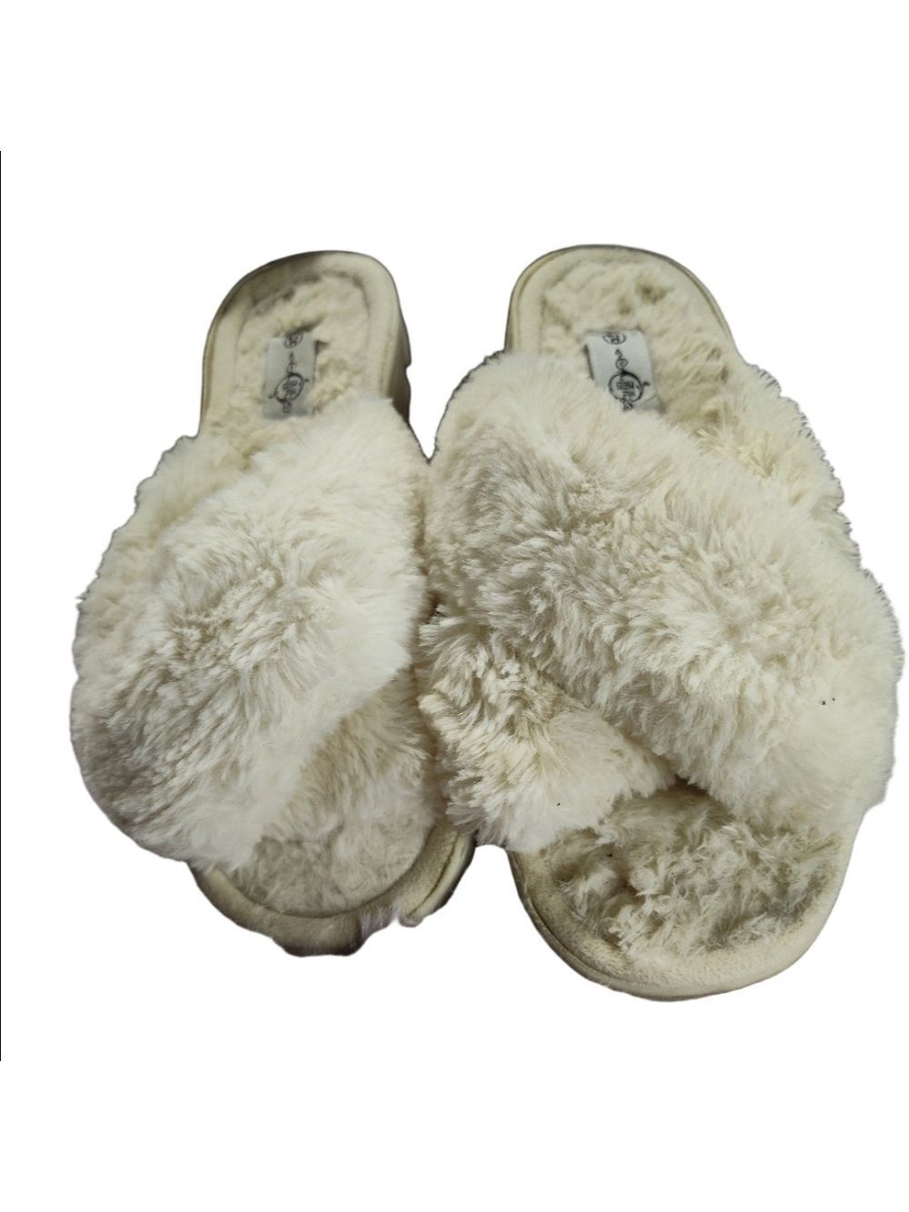 Sole Mates cream open toe open heel criss cross fluffy slides slippers size 7/8